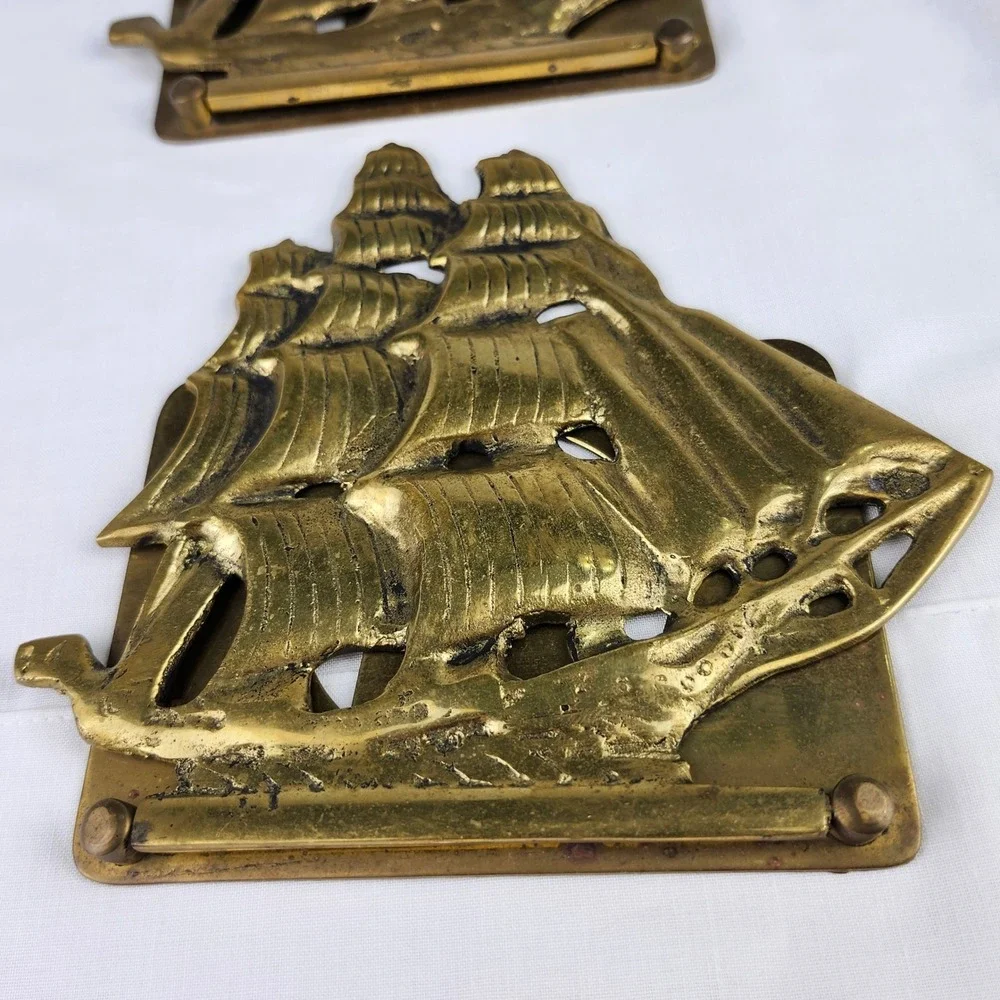 Two VTG Solid Brass Schooners Sailing Ships Nautical MCM Folding Style Bookends